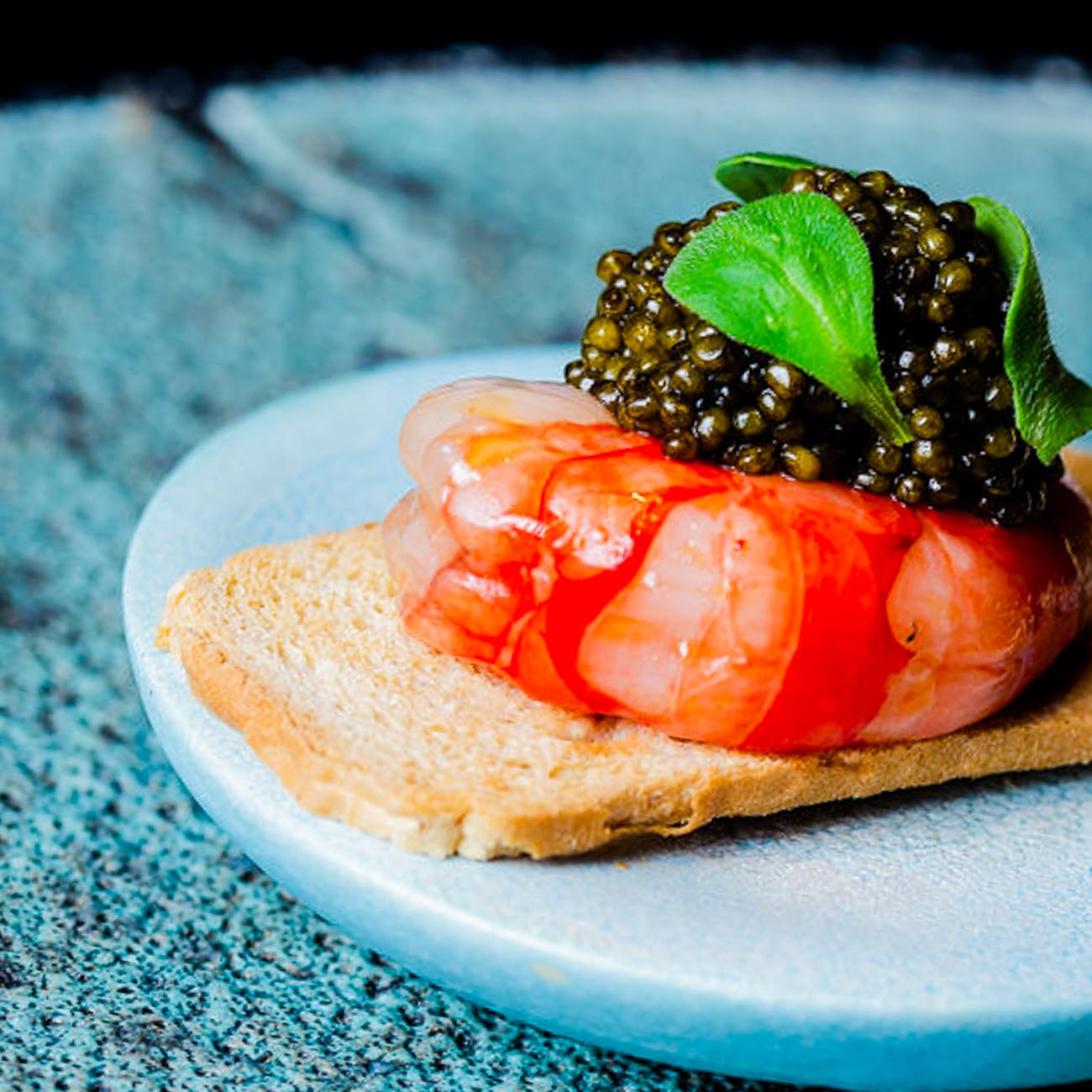 Kaluga Caviar Served on Shrimp and Toast